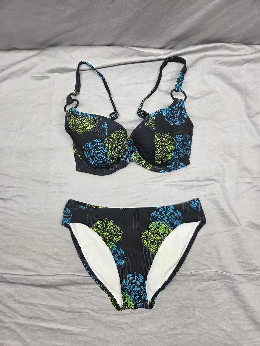Aqua Blu Black Bikini Set with Blue & Green Leaf Print